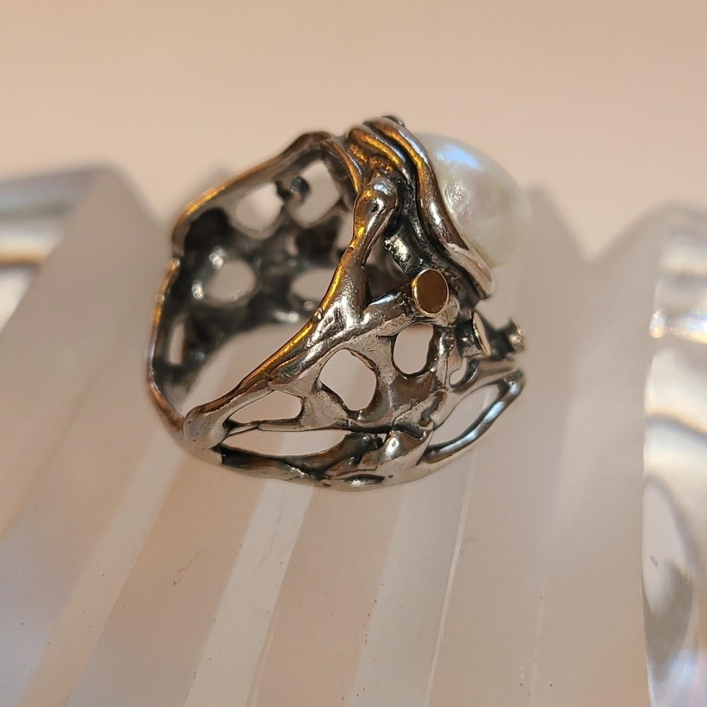 Sterling silver and pearl ring * an unusual beauty!  Size 7 3/4 approx - Picture 4 of 8